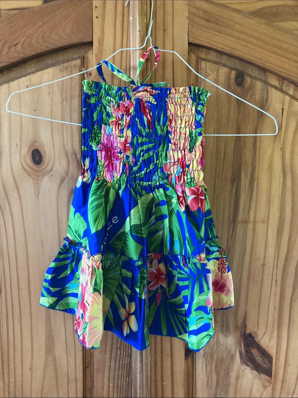 Girls Caribbean Vibe blue green floral sleeveless smock dress size S - NWT